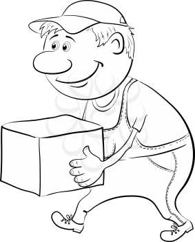 Men porter in working uniform carries a box, black contour on white background. Vector illustration