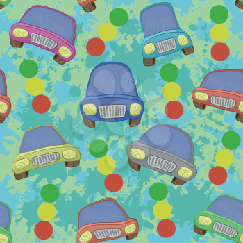 Seamless Background, Cartoon Cars, Traffic Lights and Blots. Vector