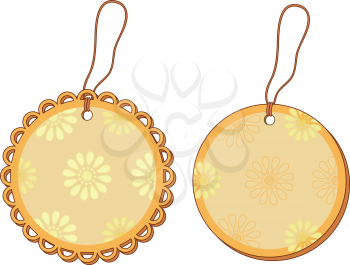 Round labels tags with floral pattern and ropes. Vector