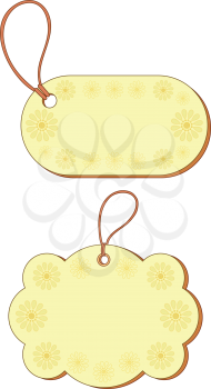 Yellow labels tags, oval and cloud, with floral pattern and ropes. Vector
