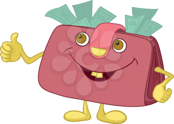 Smiling wallet with dollar bills showing thumbs up. Vector