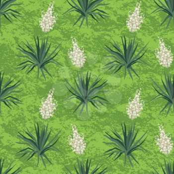 Seamless floral background, Yucca flowers and abstract green pattern. Vector