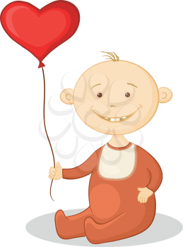 Smiling child sits with a red heart-shaped valentine balloon. Vector