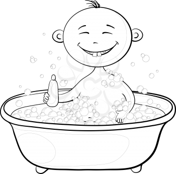 Cartoon, contours: cheerful smiling child sitting in a bath with soap and holding a bottle of shampoo. Vector