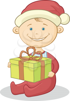 Cartoon baby in a Santa Claus hat with a holiday gift box. Vector