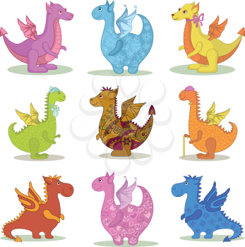 Set different cartoon colorful Dragons on white background. Vector
