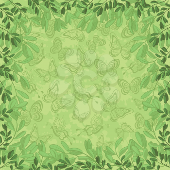 Background, Pattern of Green Leafs and Outline Butterflies. Eps10, Contains Transparencies. Vector