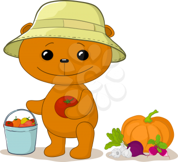 Cartoon teddy bear gardener with a crop of vegetables. Vector