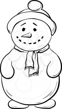 Cartoon snowmen boy in a cap and scarf, contours. Vector