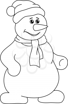 Christmas picture: snowball with a nose-carrot in a cap and scarf, contours. Vector