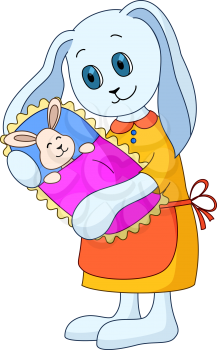 Cartoon rabbit mother holds on hands of a little hare - child. Picture about love and motherhood. Vector