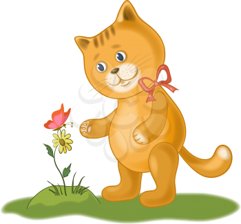 Cartoon cat, flower and butterfly, isolated on white background. Eps10, contains transparencies. Vector