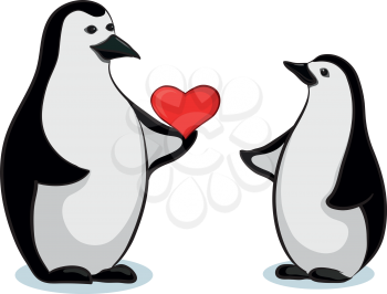 Antarctic black and white cartoon emperor penguins with Valentine red heart. Vector