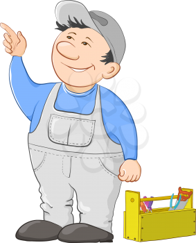 Man worker in a cap and a uniform with a toolbox, vector