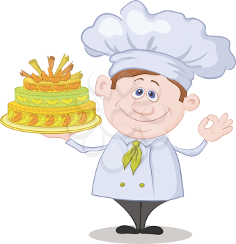 Cartoon cook - chef with sweet holiday cake, isolated on white background. Vector