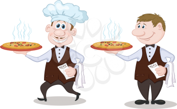 Cartoon waiters deliver a delicious hot pizza to the client, isolated on white background. Vector