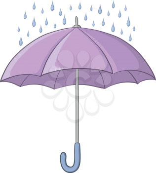 Lilac umbrella and blue rain drops isolated on white background. Vector