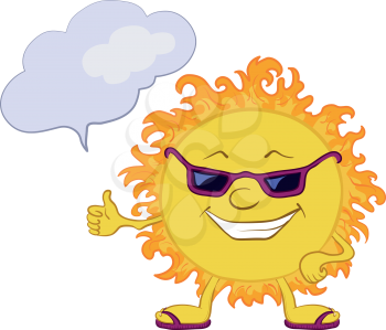 Smiling sun with black glasses and a cloud for your text. Vector
