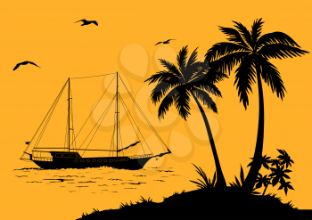 Tropical Sea Landscape, Palm Trees and Flowers, Ship and Birds Gulls black Silhouettes. Vector