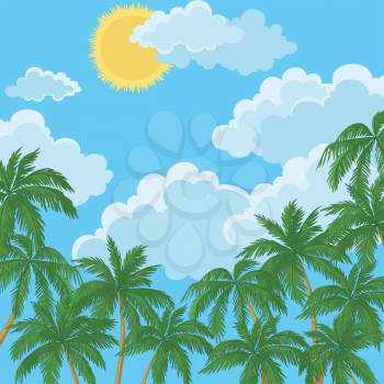 Tropical landscape, green palm trees and sky with sun and clouds. Vector