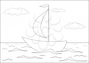Ship floats in the sea under a sail, from above the sky and clouds. Contours