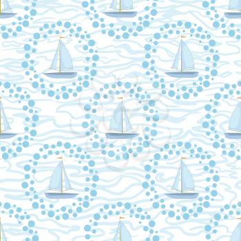 Seamless background, sailboats ships and blue sea waves. Vector