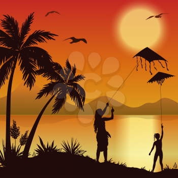 People, Young Women Launching Into the Sky Kite Flying on the Shore of a Tropical Beach with Palm Trees, Seagulls and the Sun in the Evening Sky, Silhouettes. Eps10, Contains Transparencies. Vector