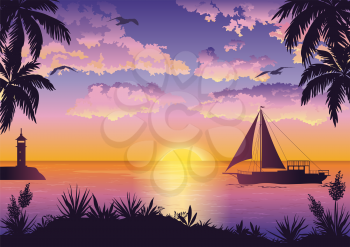 Tropical Landscape, View From the Shore with Palm Trees and Plants, Sailing Ships and a Lighthouse in the Sea and Seagulls in the Sky with Sun and Clouds. Eps10, Contains Transparencies. Vector