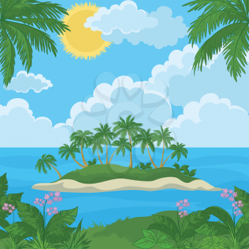 Tropical landscape, sea island with palm trees, flowers and sky with clouds and sun. Vector