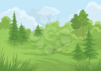 Landscape: summer green forest and blue sky. Vector