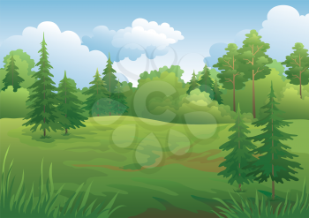 Landscape, summer green forest and blue sky. Vector