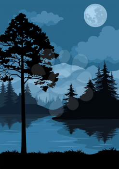 Night Landscape, Mountains Lake, Trees and Moon. Element of this Image Furnished by NASA, WWW.Visibleearth.Nasa.Gov. Vector