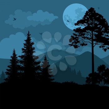 Night Mountain Landscape, Trees, Moon and Birds. Element of this Image Furnished by NASA, WWW.Visibleearth.Nasa.Gov. Vector
