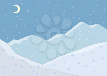 Landscape. Snow-covered mountains and falling snow. Night. Vector