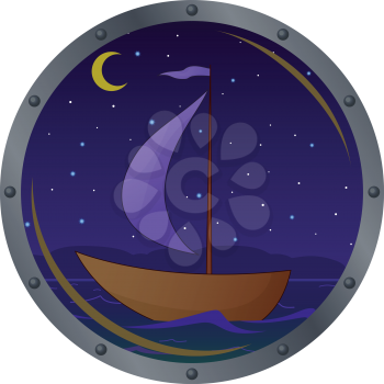 Window porthole with the ship floating on the sea in the moonlight night