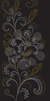 Abstract floral background, symbolical gold and white flowers on black. Vector