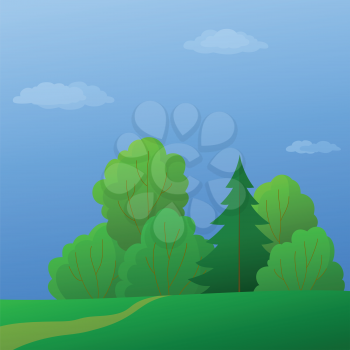 Summer landscape: forest with green trees and the blue sky with white clouds. Vector