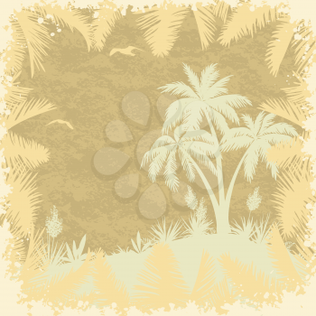 Tropical palms, yucca flowers, seagulls and frame of leaves silhouettes on a grungy background. Vector