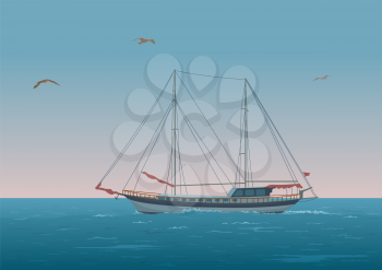 Sailing ship with red sails floating in the morning sea, the birds fly in the sky. Eps10, contains transparencies. Vector