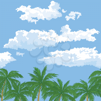 Exotic seamless background, landscape, green palm trees and sky with clouds. Vector