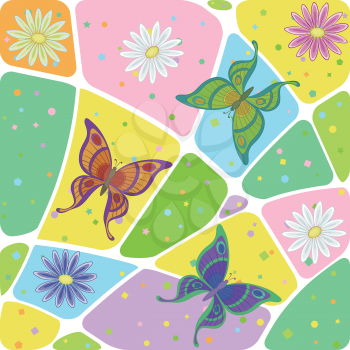Seamless pattern, colorful flowers and butterflies on abstract background. Vector
