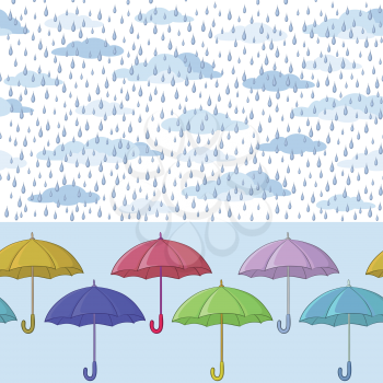 Seamless background, colorful umbrellas, clouds and blue rain drops. Vector