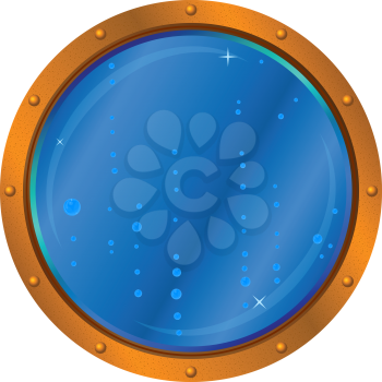 Ship window - porthole with blue sea water and air bubbles