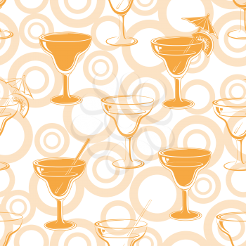 Seamless background, glasses with a drink, orange silhouettes and circles. Vector