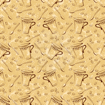 Seamless Pattern, Coffee Beans, Cups and Spoons Brown Contours on Abstract Background. Vector