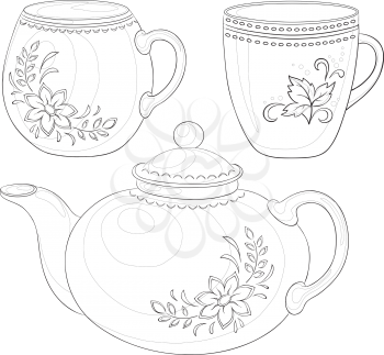 China teapot and cups with a pattern of flowers and leaves, black contours isolated on white background. Vector