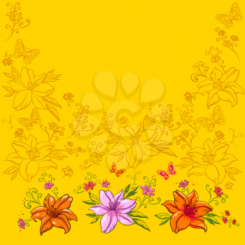Abstract vector background, flowers lily and butterflies