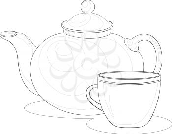 Vector, china teapot and cup, monochrome contours on white background