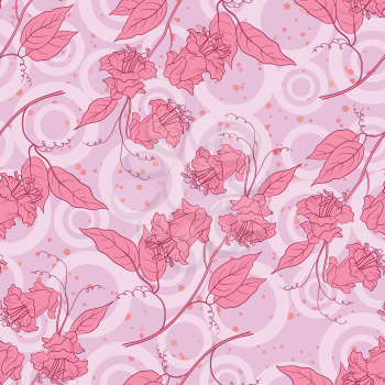 Seamless floral background, pink kobe flowers and leaves and abstract pattern. Vector