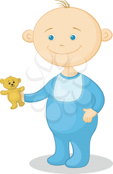 Cartoon, cheerful smiling child with a toy teddy bear. Vector